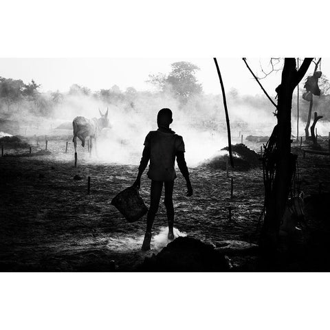 A Scene Of Life In A Mundari Cattle Camp - South Sudan White Modern Wood Framed Art Print by Inazio Kuesta, Joxe