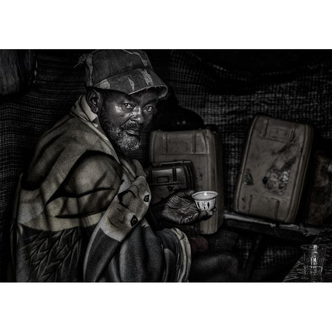 Ethiopian Man Having A Cup Of Coffee. Black Modern Wood Framed Art Print with Double Matting by Inazio Kuesta, Joxe