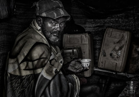 Ethiopian Man Having A Cup Of Coffee. White Modern Wood Framed Art Print with Double Matting by Inazio Kuesta, Joxe