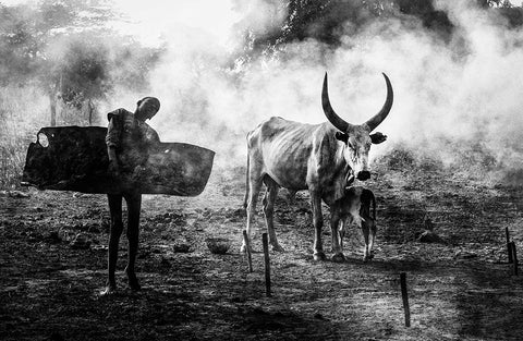 Mundari Chlid Carrying Dung - South Sudan Black Ornate Wood Framed Art Print with Double Matting by Inazio Kuesta, Joxe