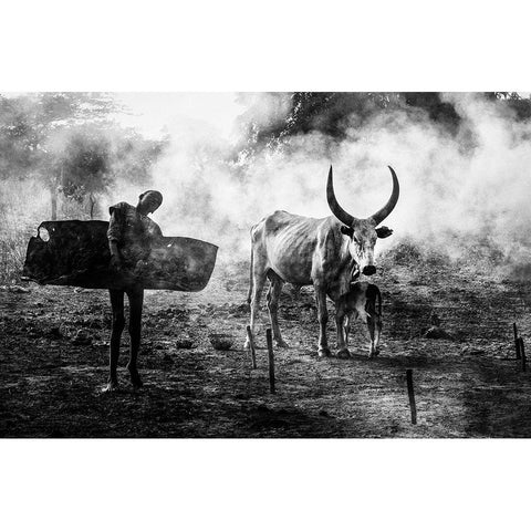 Mundari Chlid Carrying Dung - South Sudan White Modern Wood Framed Art Print by Inazio Kuesta, Joxe