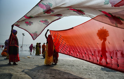 Street Drama At Gangasagar White Modern Wood Framed Art Print with Double Matting by Das, Avishek