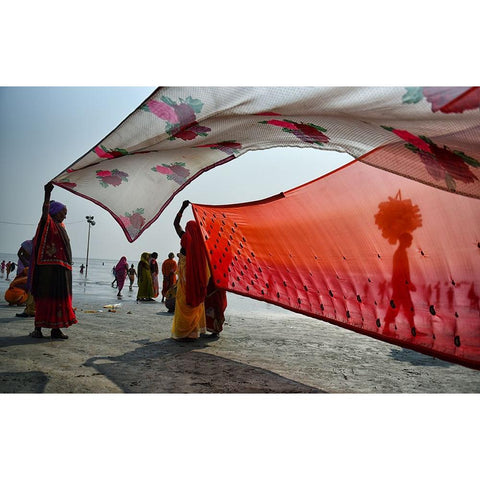 Street Drama At Gangasagar White Modern Wood Framed Art Print by Das, Avishek