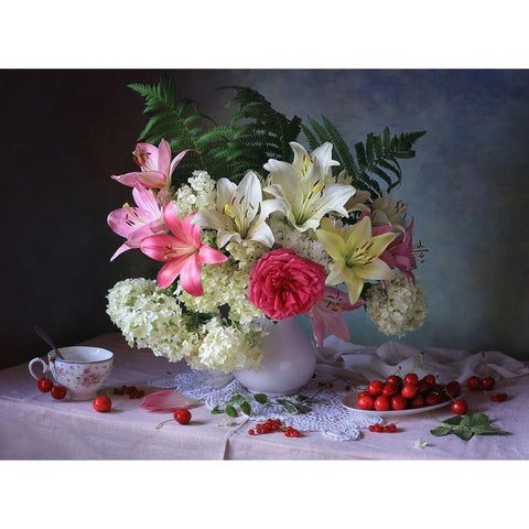 Still Life With Garden Flowers And Berries White Modern Wood Framed Art Print by Skorokhod, Tatyana