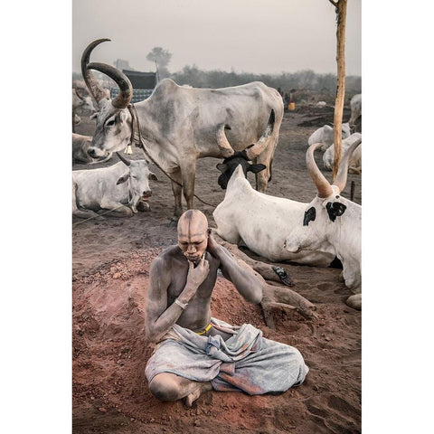 A Mundari Man In Situ Gold Ornate Wood Framed Art Print with Double Matting by Cole, Trevor