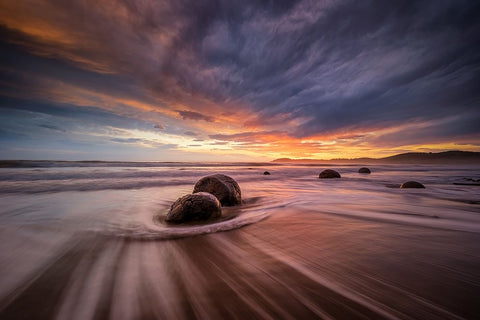 Moeraki Boulders Black Ornate Wood Framed Art Print with Double Matting by Zhen Yu, James