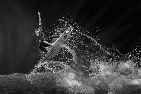 Surfing White Modern Wood Framed Art Print with Double Matting by Thwaits, Yun