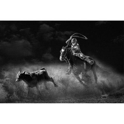Tie Down Roping Calf White Modern Wood Framed Art Print by Thwaits, Yun