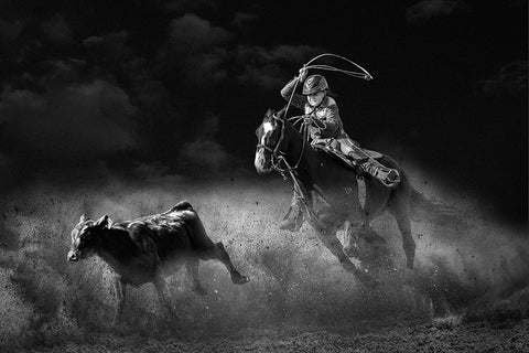 Tie Down Roping Calf Black Ornate Wood Framed Art Print with Double Matting by Thwaits, Yun