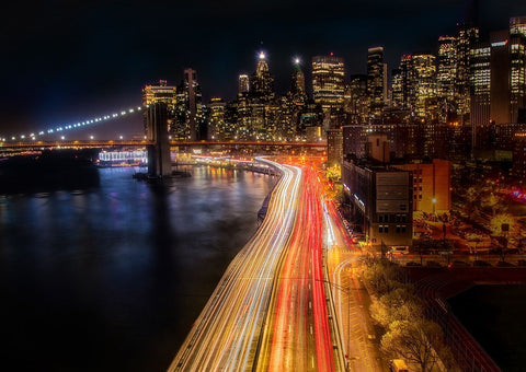 Never Sleep City Black Ornate Wood Framed Art Print with Double Matting by Liang, Ken