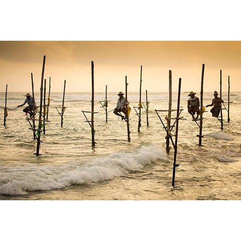 Fishermen On Stilts Gold Ornate Wood Framed Art Print with Double Matting by Schram, Olivier