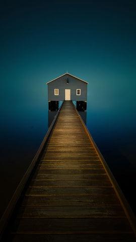Little blue boathouse in Perth Black Ornate Wood Framed Art Print with Double Matting by Zhen Yu, James