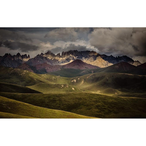 Bayan Har Mountains Sunset White Modern Wood Framed Art Print by Zhen Yu, James