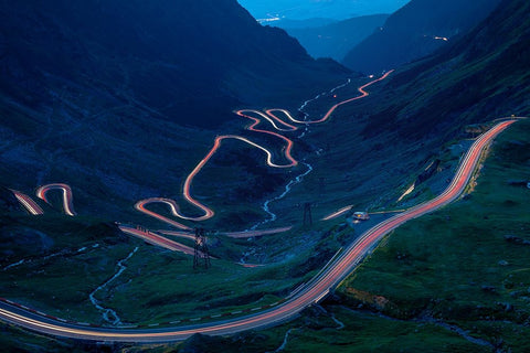 Light Trails On The Highest Mountain Road In Romania-Fagaras Mountains Black Ornate Wood Framed Art Print with Double Matting by Oprea, Vio