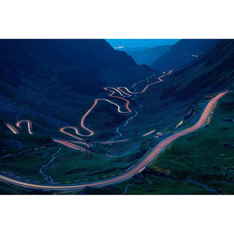Light Trails On The Highest Mountain Road In Romania-Fagaras Mountains Black Modern Wood Framed Art Print with Double Matting by Oprea, Vio
