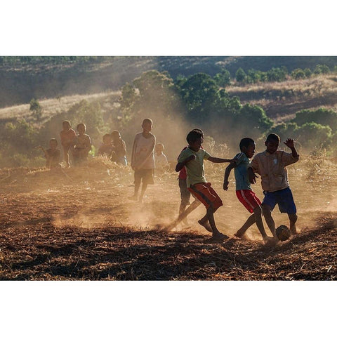 The Kids Playing Football Black Modern Wood Framed Art Print with Double Matting by Shi, Mei