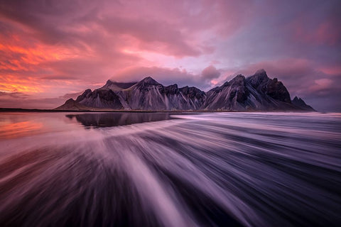 Vestrahorn Sunset White Modern Wood Framed Art Print with Double Matting by Zhen Yu, James