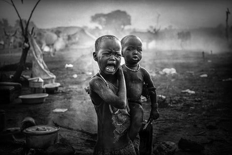 Crying Child Mundari-South Sudan White Modern Wood Framed Art Print with Double Matting by Yosifov, Svetlin