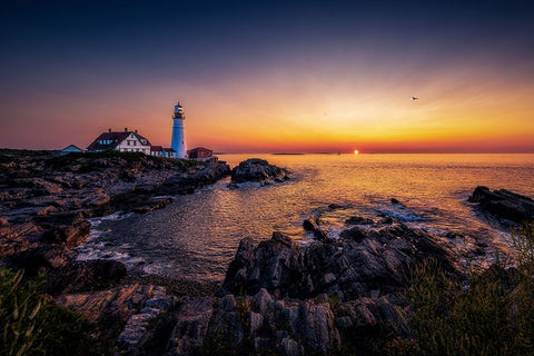 Sunrise By Sea White Modern Wood Framed Art Print with Double Matting by Zhou, Steven