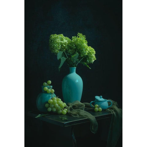 Green Hydrangea And Grape Black Modern Wood Framed Art Print with Double Matting by Jacobs, Lydia