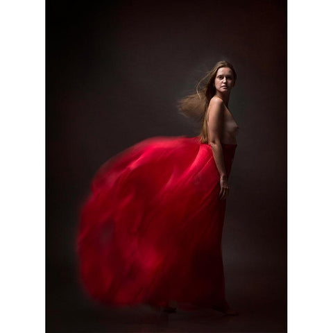 Red With The Wind. White Modern Wood Framed Art Print by Raskin, Moris
