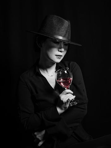 Woman And Wine White Modern Wood Framed Art Print with Double Matting by Wang, Jeff