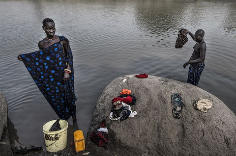 Mundari Tribe Women Cleaning Clothes In The RIVer - South Sudan White Modern Wood Framed Art Print with Double Matting by Inazio Kuesta, Joxe