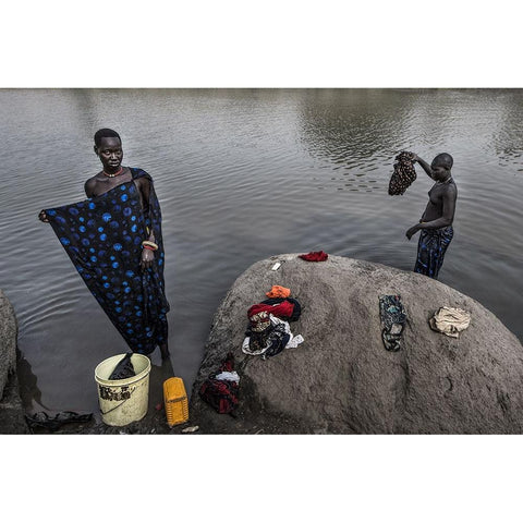 Mundari Tribe Women Cleaning Clothes In The RIVer - South Sudan Black Modern Wood Framed Art Print by Inazio Kuesta, Joxe