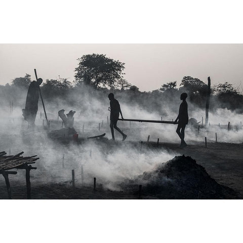 Life In A Mundari Cattle Camp - South Sudan White Modern Wood Framed Art Print by Inazio Kuesta, Joxe