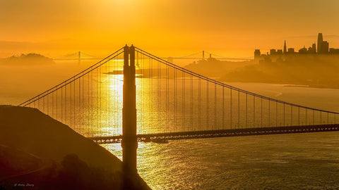 Golden Gate Bridge Sunrise Black Ornate Wood Framed Art Print with Double Matting by Zhang, Annie