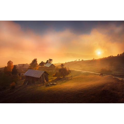 A Misty Sunset White Modern Wood Framed Art Print by Zayakov, Slavi