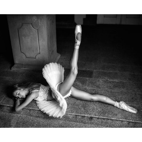 Ballerina Lying On The Stairs Bw White Modern Wood Framed Art Print by Nanev, Vasil