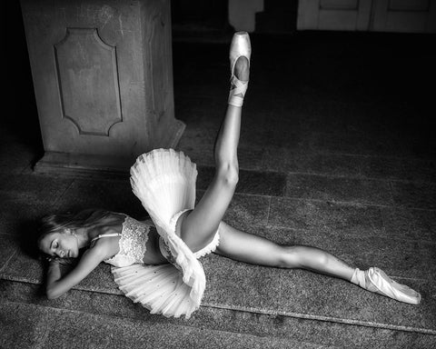 Ballerina Lying On The Stairs Bw White Modern Wood Framed Art Print with Double Matting by Nanev, Vasil