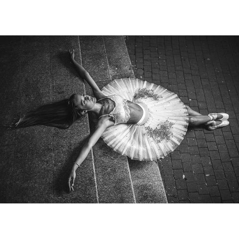 Ballerina Lying On The Stairs 2 Bw White Modern Wood Framed Art Print by Nanev, Vasil