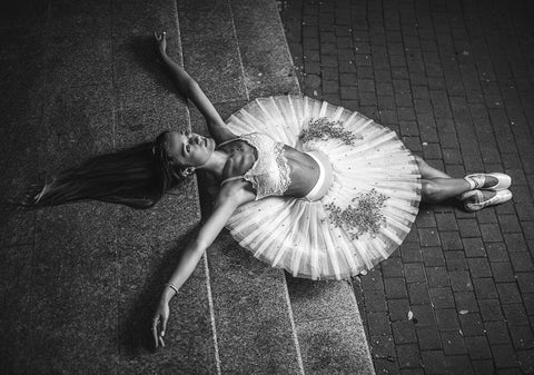 Ballerina Lying On The Stairs 2 Bw White Modern Wood Framed Art Print with Double Matting by Nanev, Vasil