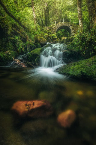 Scotland - Fairy Glen Bridge White Modern Wood Framed Art Print with Double Matting by Claude Castor, Jean