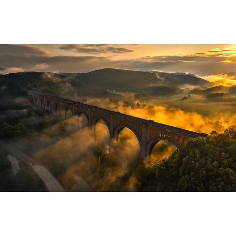 Viaduct Sunrise Black Modern Wood Framed Art Print with Double Matting by Rong, Herbert