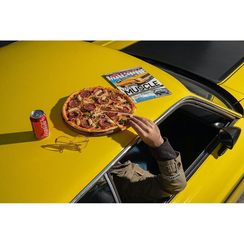 Pizza On Mustang Old School Black Modern Wood Framed Art Print with Double Matting by Hamedani, Ardalan