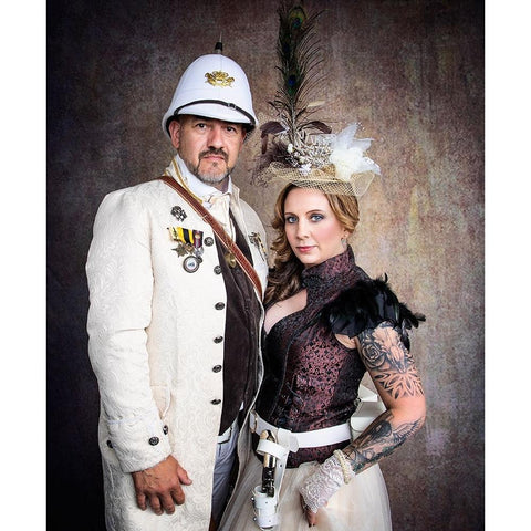 Steampunk Wars - The Diplomat  With Wife White Modern Wood Framed Art Print by Springgay, Daniel