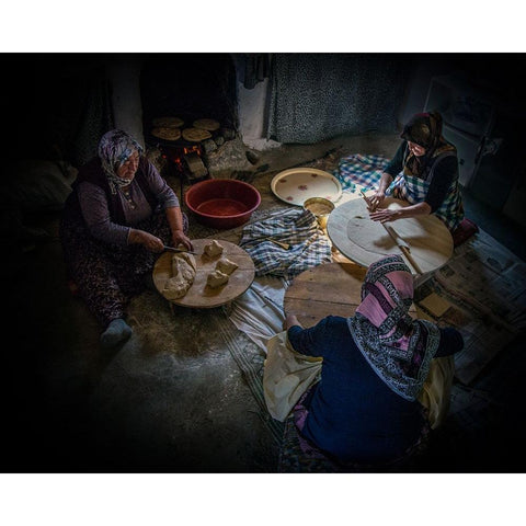 Women Making Bread. White Modern Wood Framed Art Print by Bilgin, Zuhdu