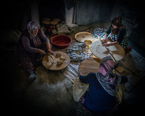 Women Making Bread. Black Ornate Wood Framed Art Print with Double Matting by Bilgin, Zuhdu