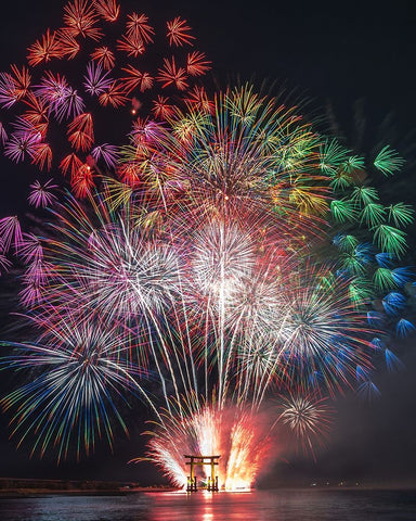 TorII Gate On The Water And VIVid Flowers White Modern Wood Framed Art Print with Double Matting by Matsubara, Hiroki