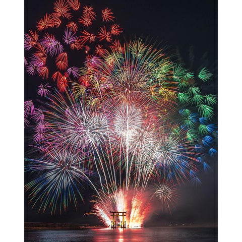 TorII Gate On The Water And VIVid Flowers White Modern Wood Framed Art Print by Matsubara, Hiroki