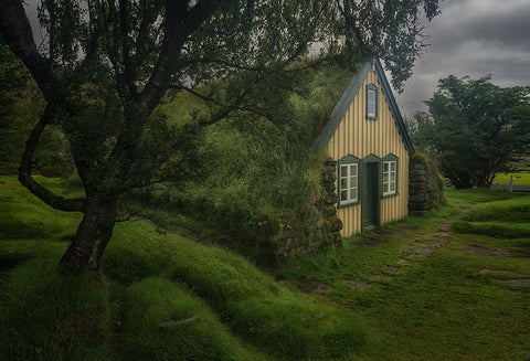 Hofskirkja Turf Church White Modern Wood Framed Art Print with Double Matting by Db, Yy