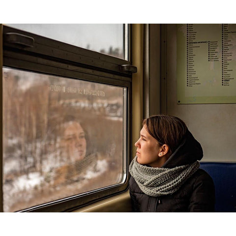 Lady In A Train Black Modern Wood Framed Art Print by Golani, Aharon