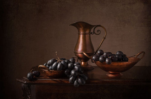 Black Grapes Black Ornate Wood Framed Art Print with Double Matting by Perfoncio, Margareth