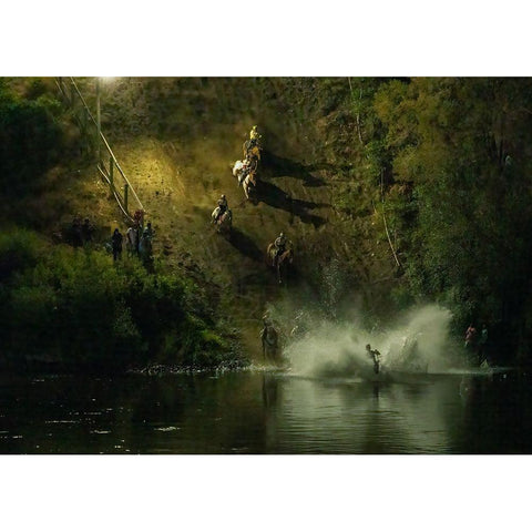 Crossing RIVer At Night Gold Ornate Wood Framed Art Print with Double Matting by Huang, Johnson