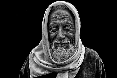 Smile Of An Old Man White Modern Wood Framed Art Print with Double Matting by P Roy, Partha