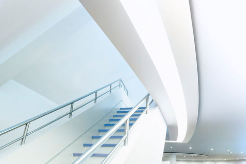 Soft Blue Ascent White Modern Wood Framed Art Print with Double Matting by Van Son, Greetje