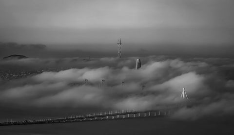 Thick Fog Rolling Over Bay Bridge White Modern Wood Framed Art Print with Double Matting by An, Anna